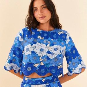 Farm Rio blue flower stripes crop top